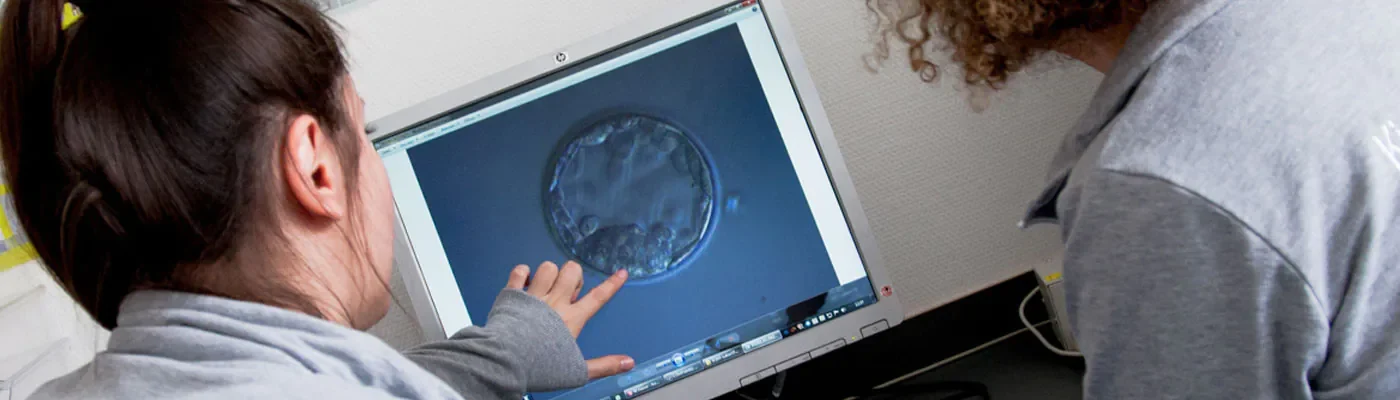 Zwei Mitarbeiterinnen im Labor des Kinderwunschzentrums an der Gedächtniskirche betrachten eine Aufnahme am Bildschirm